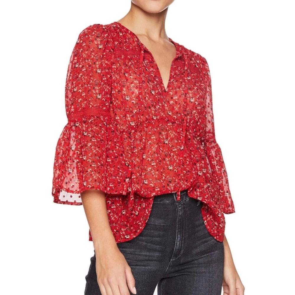 ◇ Lucky Brand Floral Ditzy Print Red Chiffon Peplum Blouse Size XS